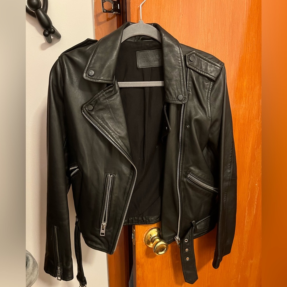 All Saints Balfern Belted Hem Leather Biker Jacket